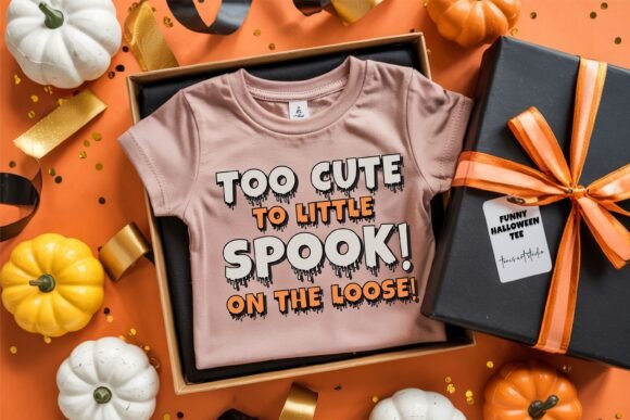 30 Best Halloween Fonts for Spooky Designs That Stand Out 43 A pink Halloween shirt with the text 'Too Cute to Little Spook! On the Loose!' displayed in a festive setting.