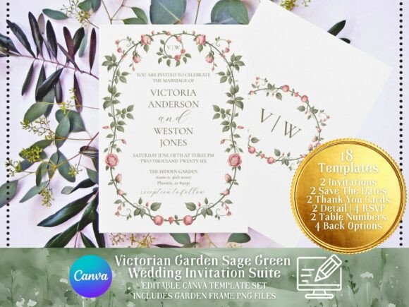 14 Wedding Invitation Template Ideas That Look Expensive 4 Sage green wedding invitation suite with floral design and editable Canva template details.