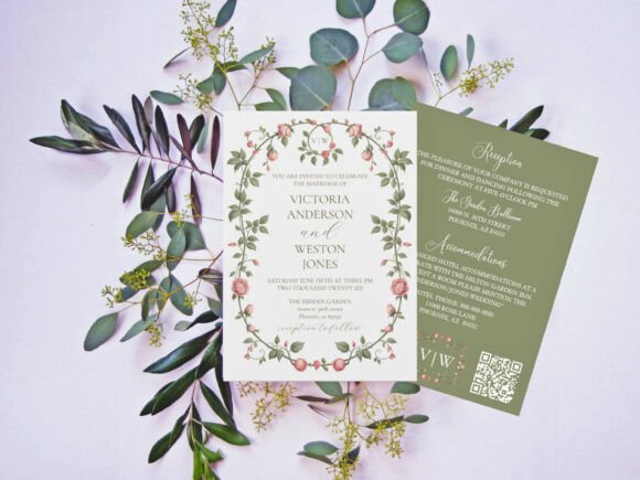 14 Wedding Invitation Template Ideas That Look Expensive 5 Elegant wedding invitation with floral design and green accents on a natural background.