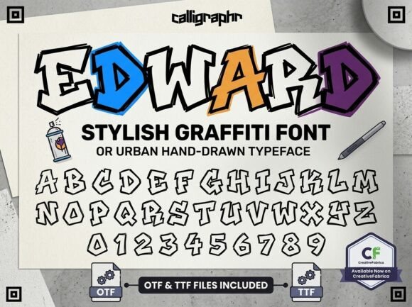 15 Premium Graffiti Fonts That Actually Look Hand-Painted 3 Stylish graffiti font named Edward with colorful letters and a spray can illustration.