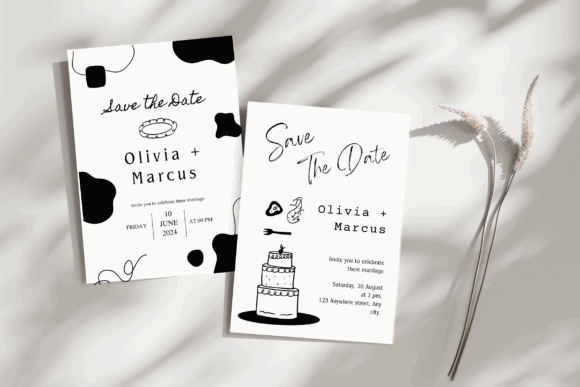 14 Editable Wedding Invitation Templates for Modern Couples 17 Two modern wedding invitation designs featuring black and white elements with floral accents.