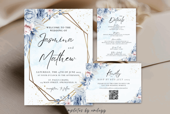 17 Wedding Invitation Template Ideas You Can Customize 6 Elegant blue floral wedding invitation with gold accents and RSVP card.