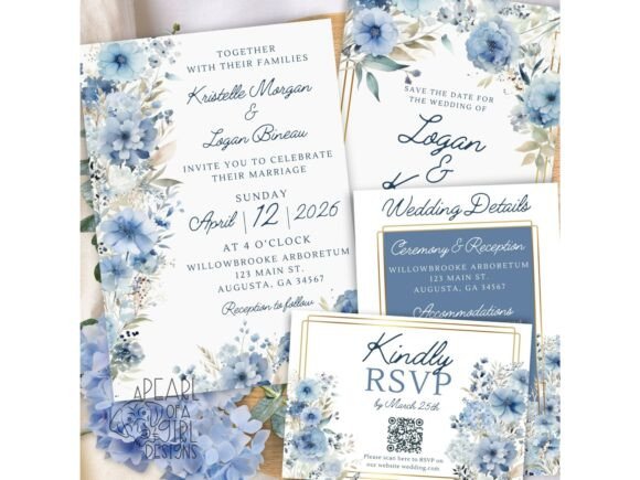 15 Wedding Invitation Template Ideas for Every Style 8 Elegant blue floral wedding invitation with details for a ceremony and reception.