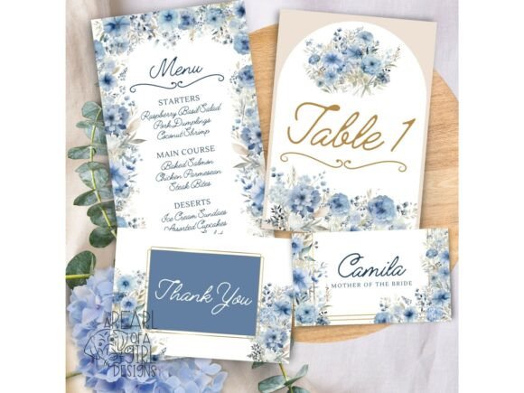 15 Wedding Invitation Template Ideas for Every Style 9 Elegant blue floral wedding invitation set with menu, table card, and thank you note.