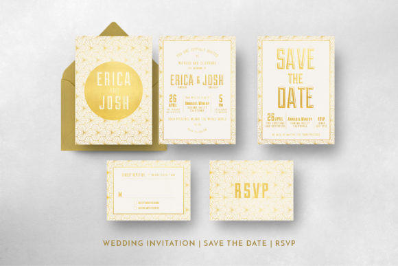 12 Wedding Invitation Template Ideas for Modern Couples 14 Elegant gold and white wedding invitation suite with RSVP card and save the date.