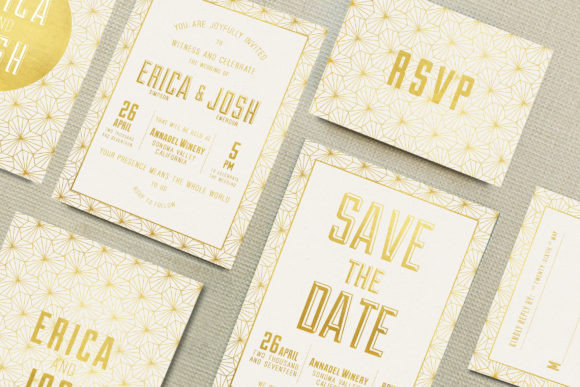12 Wedding Invitation Template Ideas for Modern Couples 13 Elegant wedding invitation suite with gold geometric design and RSVP card.