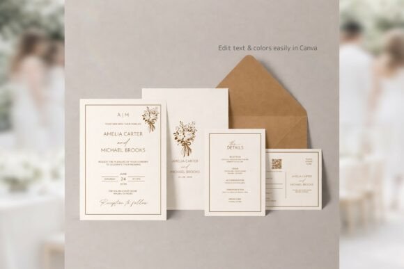 14 Wedding Invitation Template Ideas That Look Expensive 11 Elegant wedding invitation suite with floral design and editable text in Canva.