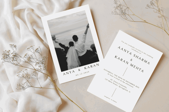 12 Wedding Invitation Template Ideas for Modern Couples 9 Black-and-white wedding invitation featuring a couple with minimalist design elements.