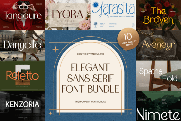 Best 10 Sans Serif Fonts Bundle for Signs: Readable Options 2 Collection of elegant sans serif fonts showcased in a stylish layout.