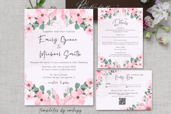14 Wedding Invitation Template Ideas That Look Expensive 19 Floral wedding invitation suite featuring pink flowers and greenery.
