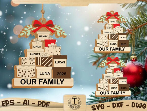 Wooden Laser Cut Gift Ideas: 26 Amazing Personalized Project 29 Wooden family gift stack ornament with names and year 2025, decorated with a bow and Christmas tree background.