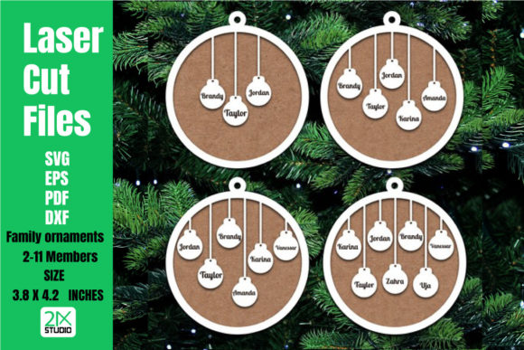 Wooden Laser Cut Gift Ideas: 26 Amazing Personalized Project 27 Four laser cut family ornaments with names on a wooden background.