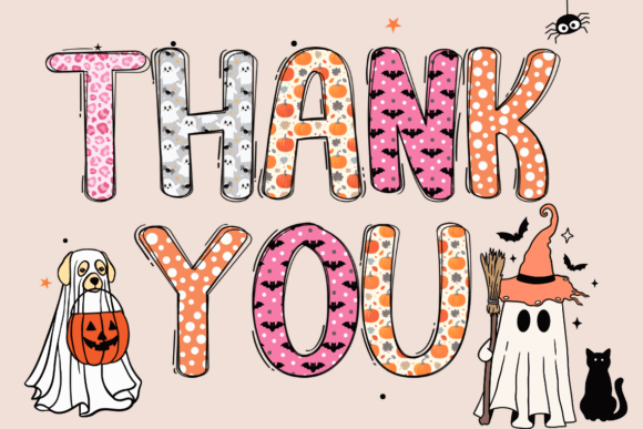 Halloween Color Fonts: 10 Best Picks for Spooky Designs 17 Colorful Halloween-themed 'Thank You' text with spooky elements like a ghost, dog in costume, and a broom.
