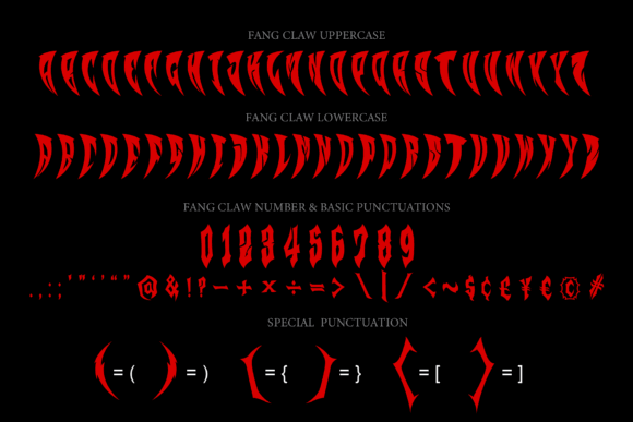 16 Gothic Fonts for Halloween Invitations That Look Stunning 20 Fang Gothic font showcasing uppercase, lowercase, numbers, and punctuation in a dramatic red style.