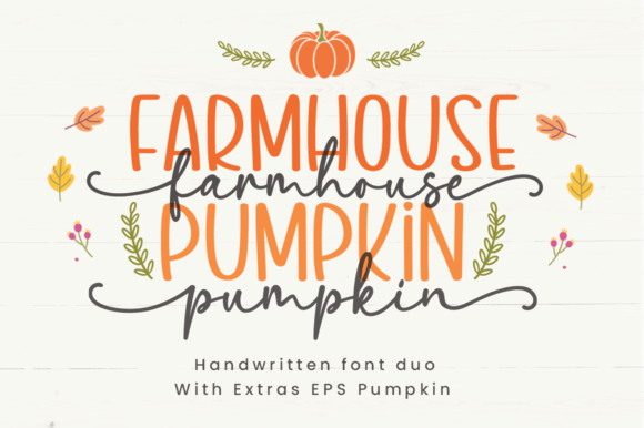 Halloween Fonts: 44 Best Picks for Cards, Signs & Cricut 42 Farmhouse Pumpkin font design with decorative elements and a pumpkin illustration.
