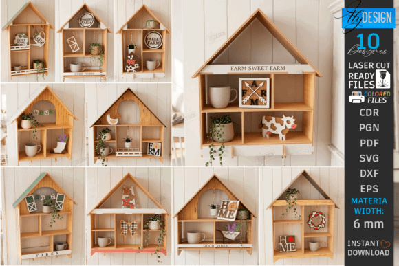 Wood Laser Cut Ideas: 45 Creative Projects Worth Making 46 Laser cut wooden farmhouse wall shelves with decorative items.
