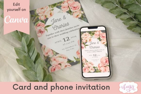 15 Wedding Invitation Template Ideas for Every Style 13 Floral wedding invitation with pink roses and editable text on a phone and card.