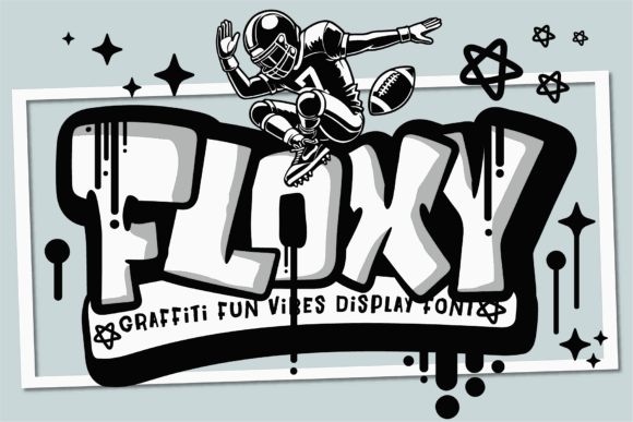 15 Premium Graffiti Fonts That Actually Look Hand-Painted 24 Graffiti font design featuring the word 'FLOXY' with a football player jumping above it.