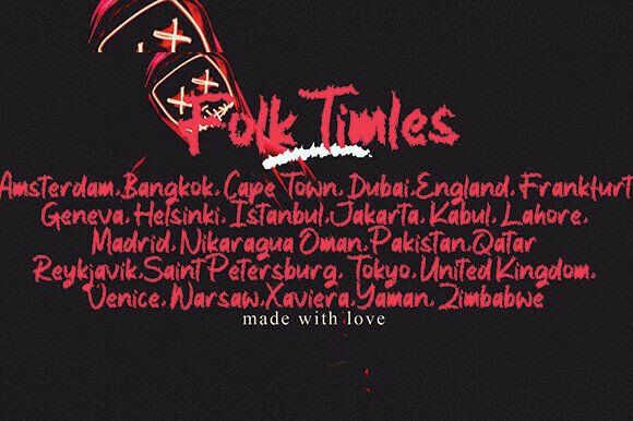 17 Halloween Fonts for Haunted House Signs That Stand Out 15 Text displaying 'Folk Timles' with city names in a spooky font.