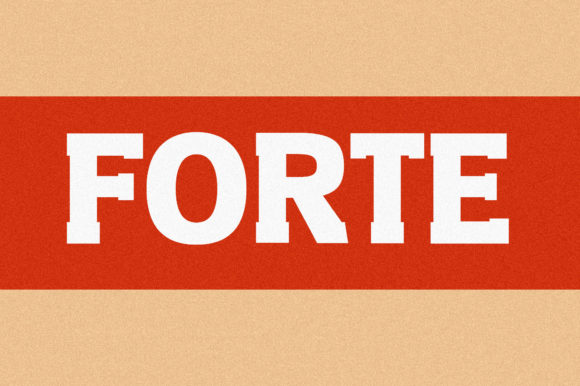 Fonts Similar to Clarendon: 15 Powerful Alternatives 13 The word 'FORTE' displayed in bold slab serif font on a red background.