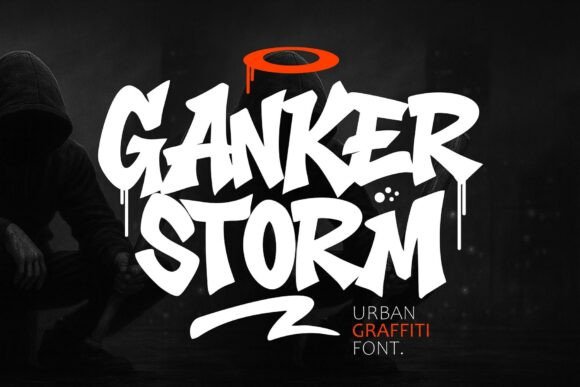 15 Graffiti Fonts for Cricut: What Actually Cuts Clean 21 Ganker Storm graffiti font displayed in bold white letters with orange accents.