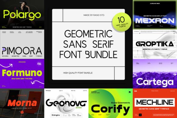 Best 10 Sans Serif Fonts Bundle for Signs: Readable Options 6 Geometric sans serif font bundle showcasing various font styles and names.