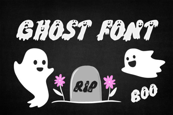 47 Best Halloween Fonts for Crafts, Parties, and Products 47 Playful ghost font with two cartoon ghosts and a gravestone on a dark background.