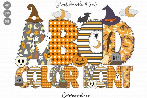 47 Best Halloween Fonts for Crafts, Parties, and Products 46 Colorful Halloween-themed letters A, B, C, D with ghosts, pumpkins, and bats.