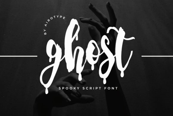 Halloween Fonts: 44 Best Picks for Cards, Signs & Cricut 60 Spooky script font 'Ghost' by airotype displayed with artistic hands in the background.