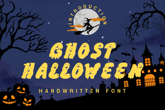 30 Best Halloween Fonts for Spooky Designs That Stand Out 24 Ghost Halloween font displayed with a spooky background featuring a witch, moon, and pumpkins.