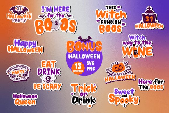 17 Halloween Fonts for Haunted House Signs That Stand Out 17 Colorful Halloween-themed SVG designs with phrases like 'Happy Halloween' and 'Trick or Drink'.