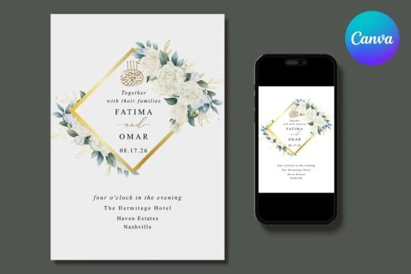 17 Wedding Invitation Template Ideas You Can Customize 14 Gold floral Islamic wedding invitation featuring names and event details.