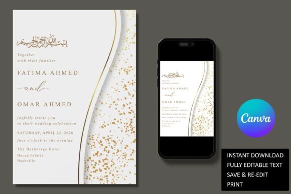 17 Wedding Invitation Template Ideas You Can Customize 16 Gold glitter Islamic wedding invitation with elegant design and editable text.