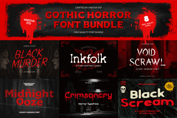 17 Halloween Fonts for Haunted House Signs That Stand Out 5 Gothic Horror Font Bundle showcasing various spooky font styles.