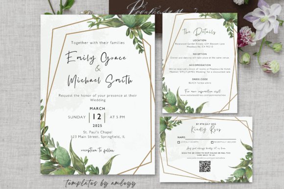 14 Wedding Invitation Template Ideas That Look Expensive 9 Elegant greenery wedding invitation suite with botanical elements and gold accents.