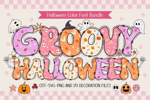 13 Best Halloween Color Font for Designers 2 Colorful Halloween font design featuring the words 'Groovy Halloween' with playful illustrations.