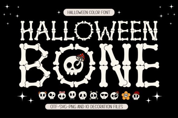 34 Best Halloween Fonts for Cricut Projects to Sell 37 Halloween Bone font featuring skulls and bones on a black background.