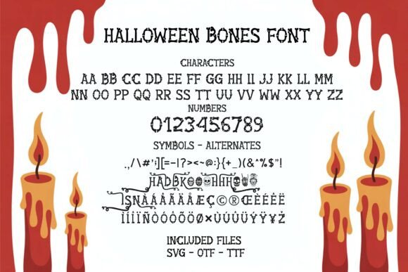 34 Best Halloween Fonts for Cricut Projects to Sell 47 Halloween Bones font showcasing characters, numbers, and symbols with a spooky design.