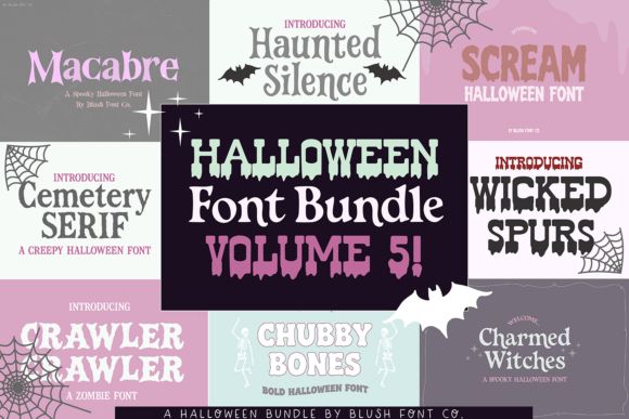 17 Halloween Fonts for Haunted House Signs That Stand Out 7 Various Halloween-themed fonts showcased in a colorful bundle advertisement.