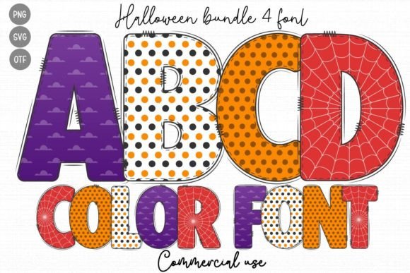 Halloween Color Fonts: 10 Best Picks for Spooky Designs 12 Colorful Halloween-themed font letters A, B, C, D with patterns.