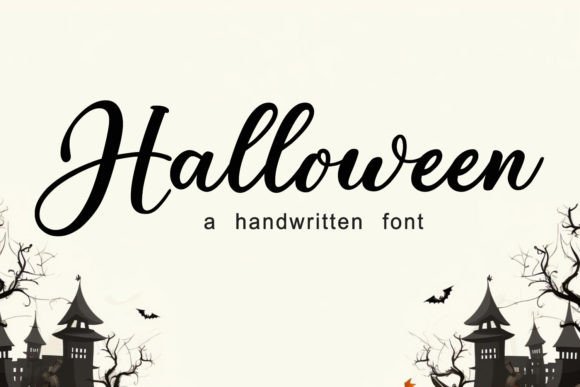 47 Best Halloween Fonts for Crafts, Parties, and Products 73 Handwritten Halloween font with spooky elements and silhouettes of haunted houses and bats.