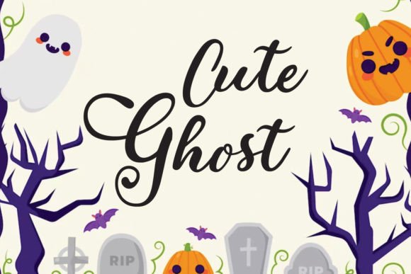Halloween Witchy Fonts: 19 Best Picks for Spellbooks 11 Playful Halloween-themed design featuring a cute ghost, pumpkin, and bats around the text 'Cute Ghost'.