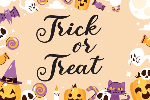 47 Best Halloween Fonts for Crafts, Parties, and Products 74 Halloween-themed design with the text 'Trick or Treat' surrounded by spooky icons like ghosts, pumpkins, and bats.