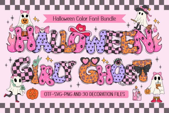 13 Best Halloween Color Font for Designers 8 Colorful Halloween font bundle featuring playful letters with ghosts, pumpkins, and decorations.