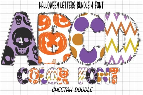 13 Best Halloween Color Font for Designers 9 Colorful Halloween letters A, B, C, D with pumpkin and skull designs.