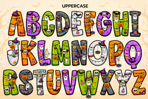 34 Best Halloween Fonts for Cricut Projects to Sell 65 Colorful uppercase Halloween font with skulls, pumpkins, and spooky decorations.