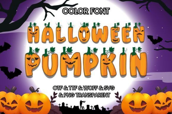 13 Best Halloween Color Fonts for Posters and Flyers 11 Color font displaying the words 'Halloween Pumpkin' with pumpkin and leaf decorations.