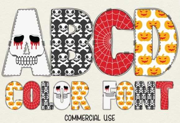 Spooky Color Fonts: 13 Best Halloween Picks for 2026 11 Colorful Halloween font letters A, B, C, D with skulls, pumpkins, and spider web designs.