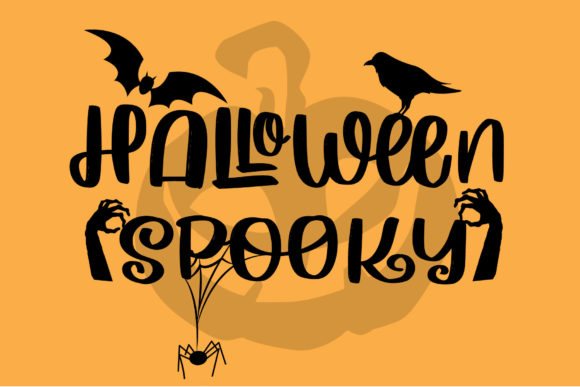 47 Best Halloween Fonts for Crafts, Parties, and Products 27 Halloween Spooky text with bats, a crow, and spider elements on an orange background.