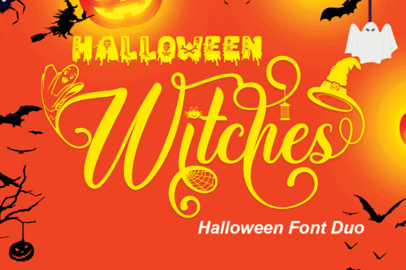 34 Best Halloween Fonts for Cricut Projects to Sell 23 Halloween Witches Duo font design with spooky elements on an orange background.